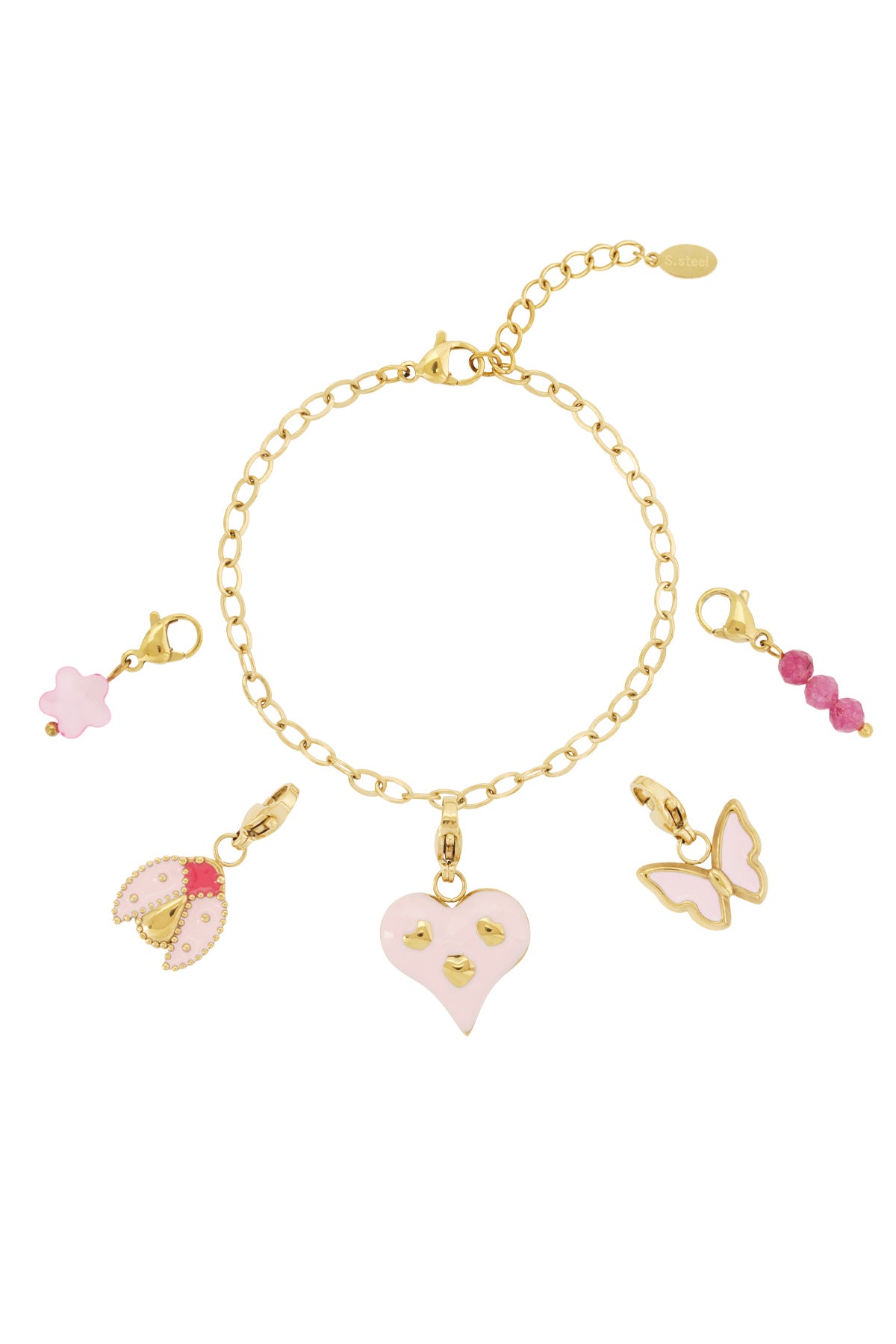 Gold chain charm bracelet laid flat with pink heart, butterfly, ladybug, flower, and bead charms