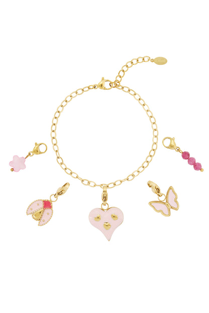 Gold chain charm bracelet laid flat with pink heart, butterfly, ladybug, flower, and bead charms