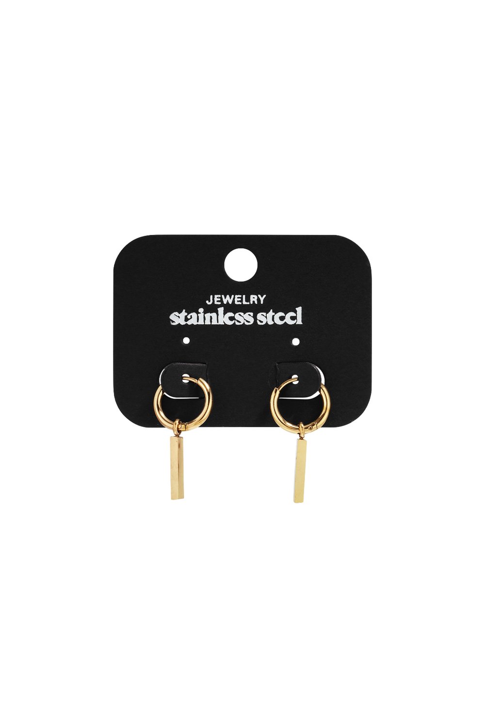 Gold stainless steel hoop earrings with rectangular drop pendants on a black display card.