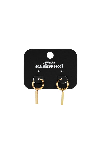 Gold stainless steel hoop earrings with rectangular drop pendants on a black display card.