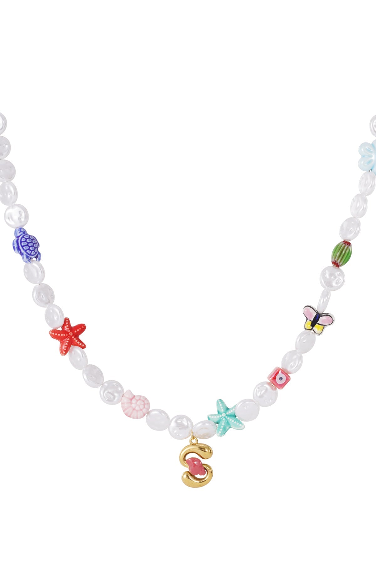 White beaded necklace featuring colorful marine-themed charms and a gold-tone initial "S" pendant on a white background.