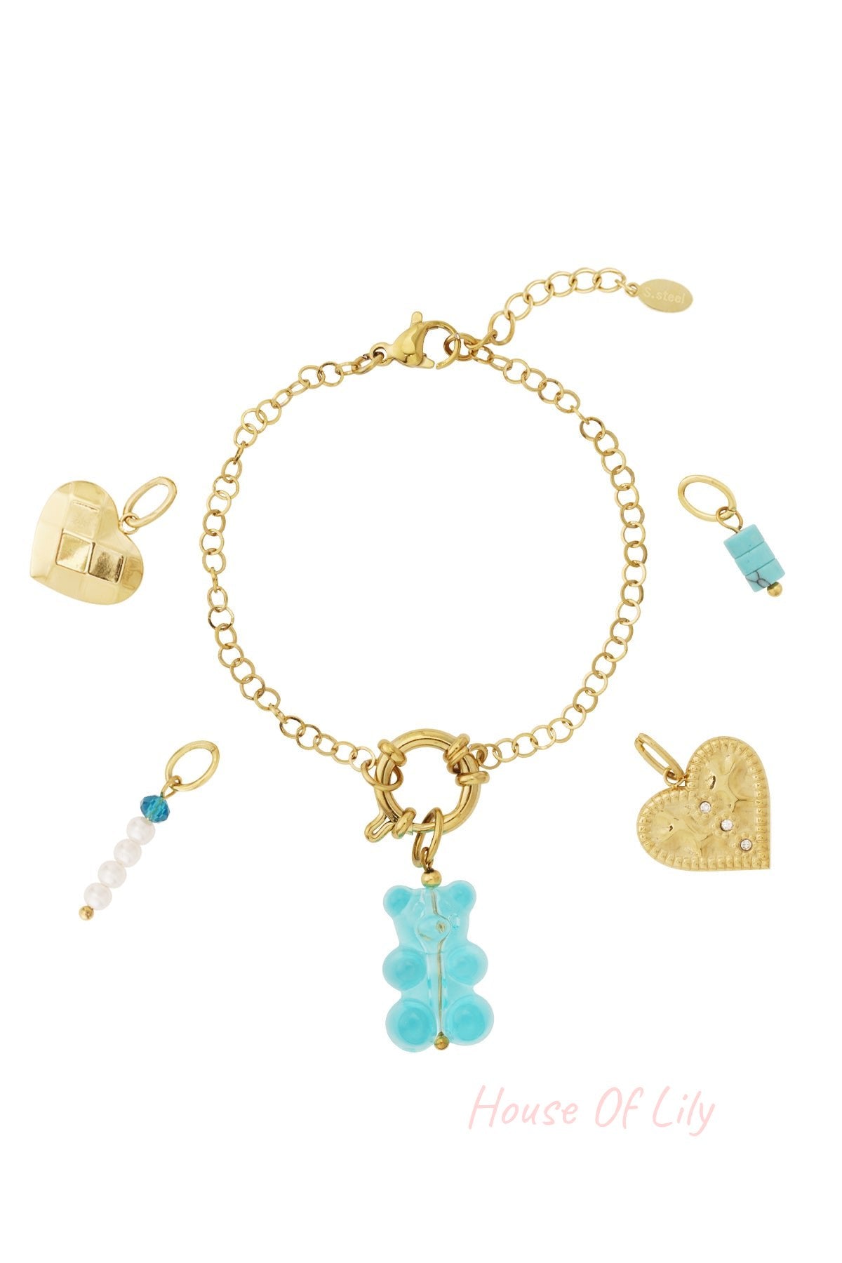 Gold chain charm bracelet with five removable charms including blue gummy bear, textured gold hearts, pearl strand, and turquoise beads on a white background