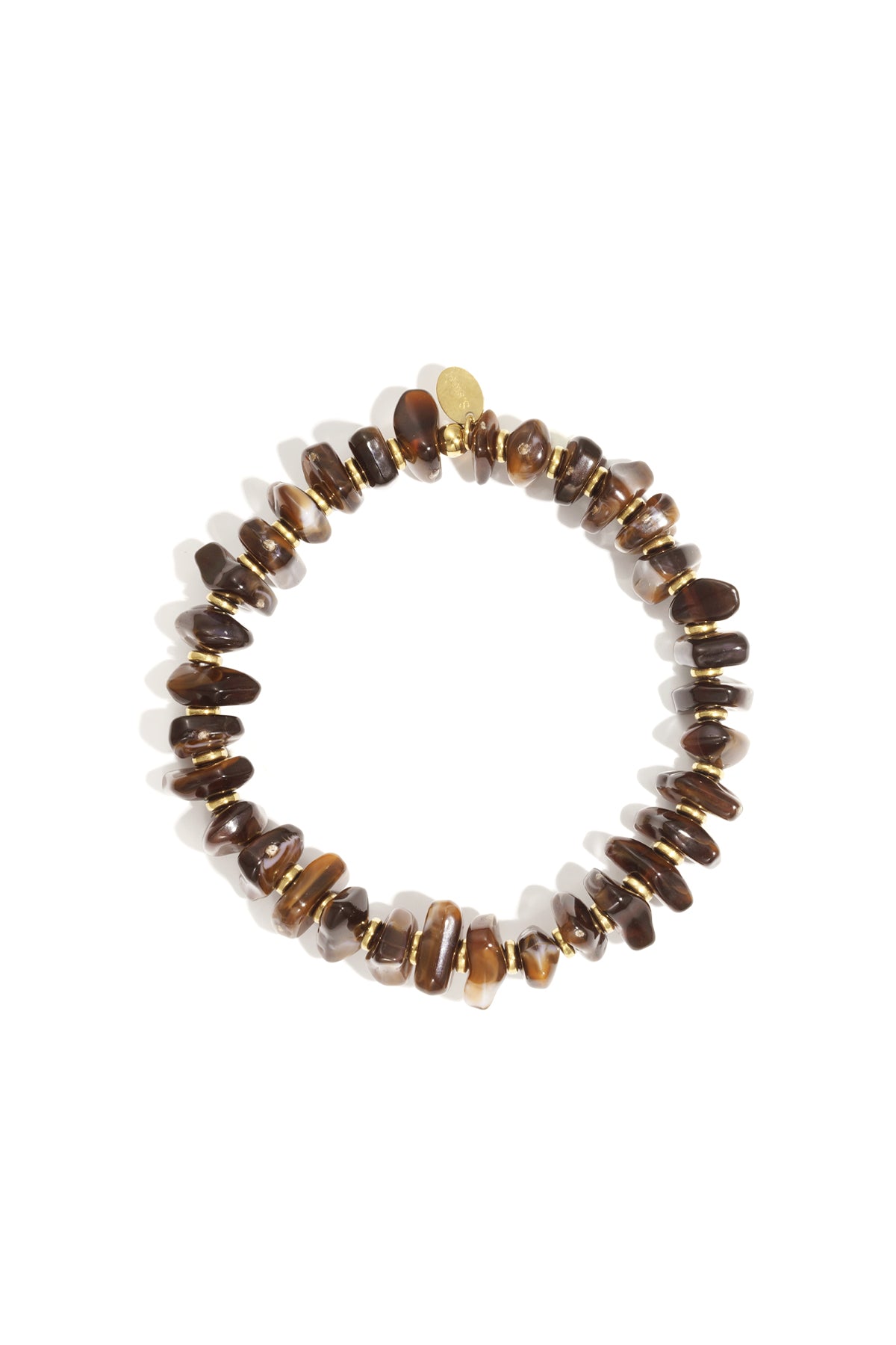 Earthy brown chunky beaded stretch bracelet featuring irregular beads separated by gold spacers