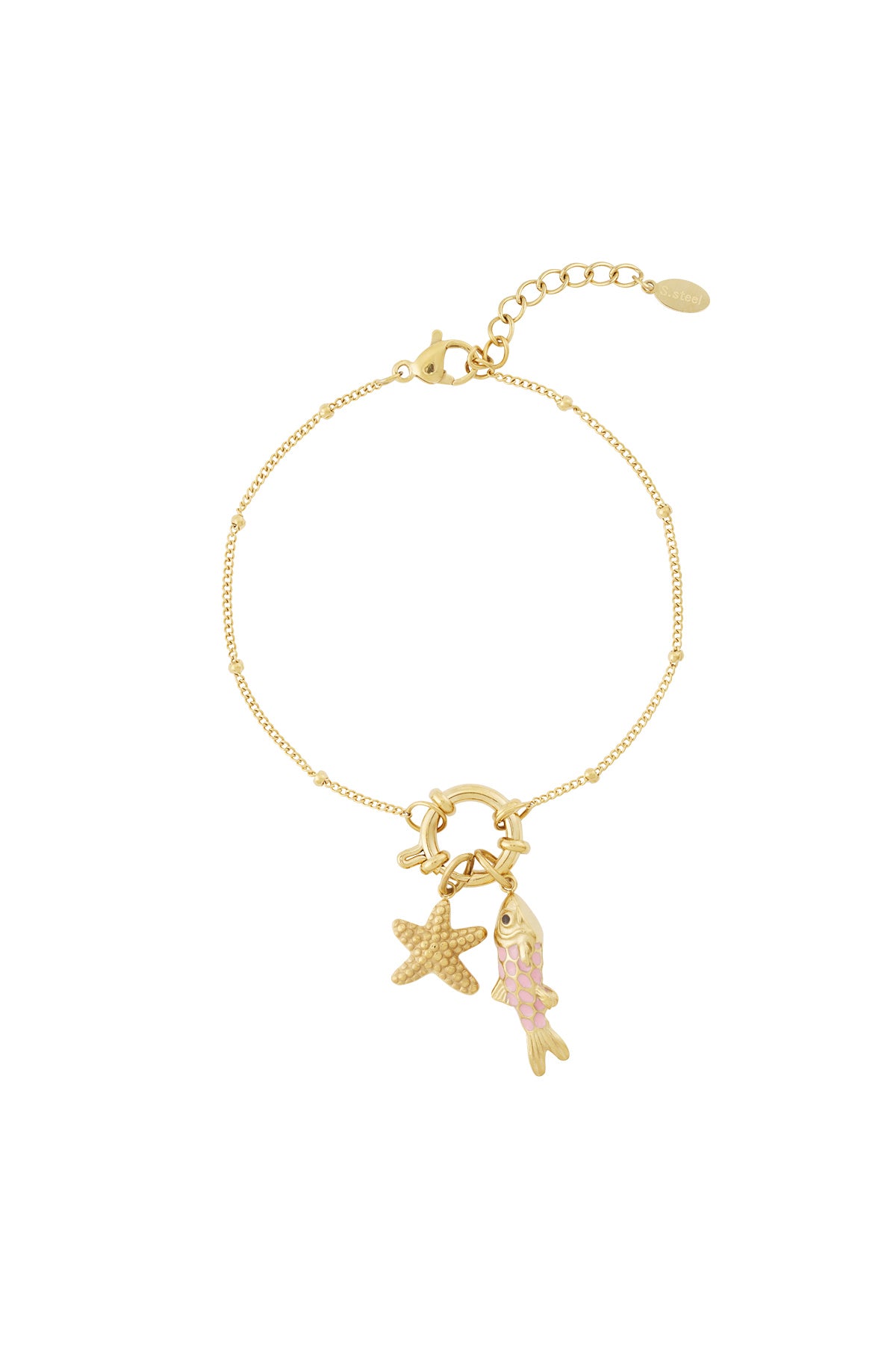 Gold charm bracelet styled with starfish and pink-enamel fish charms attached, lobster clasp and extender chain visible