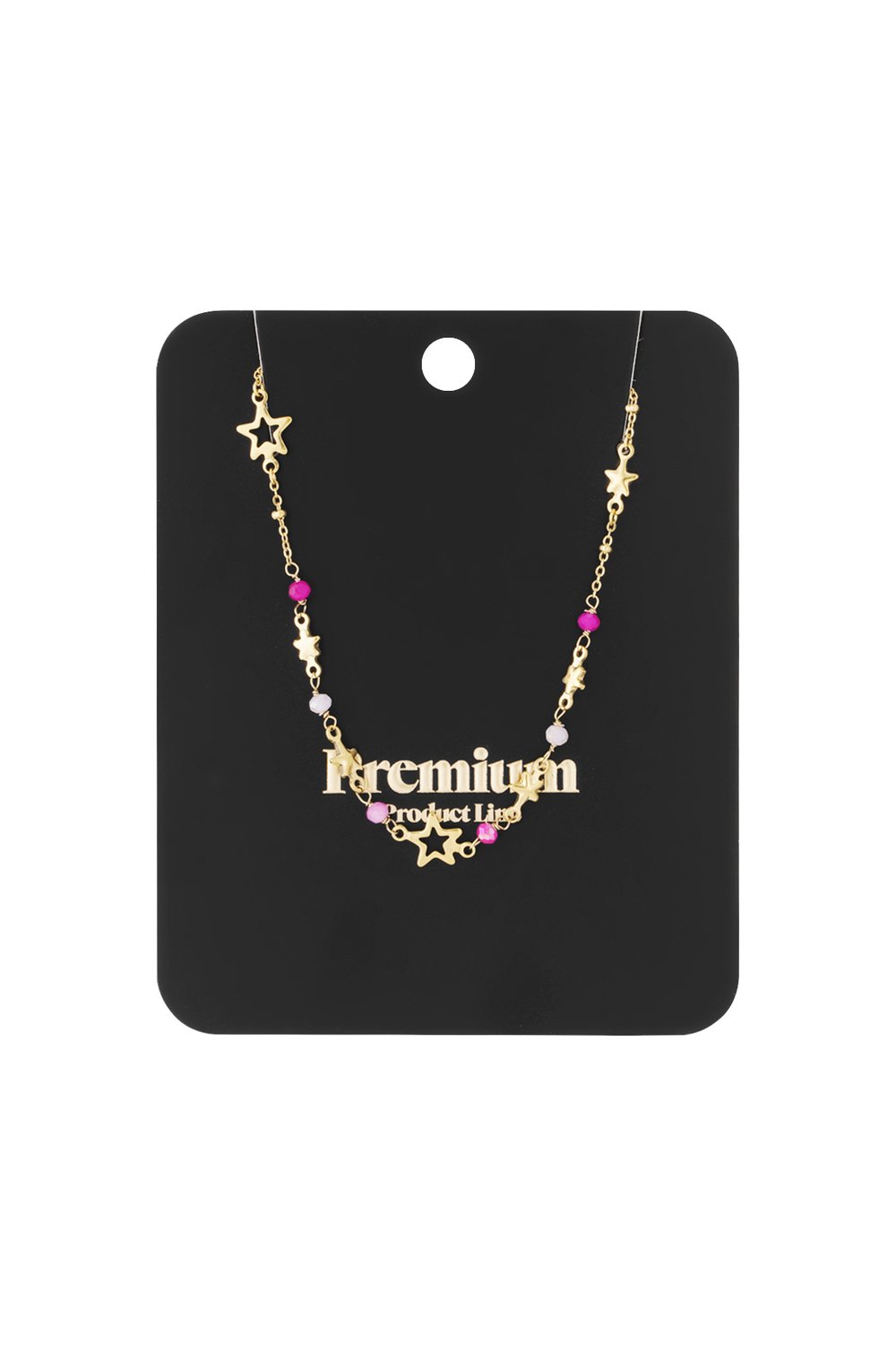 Gold-tone Starry Vibe Check necklace featuring star charms and small pink and white beaded accents on a thin chain.