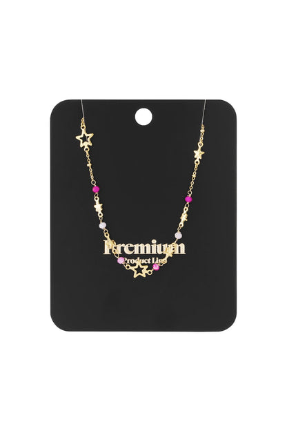 Gold-tone Starry Vibe Check necklace featuring star charms and small pink and white beaded accents on a thin chain.