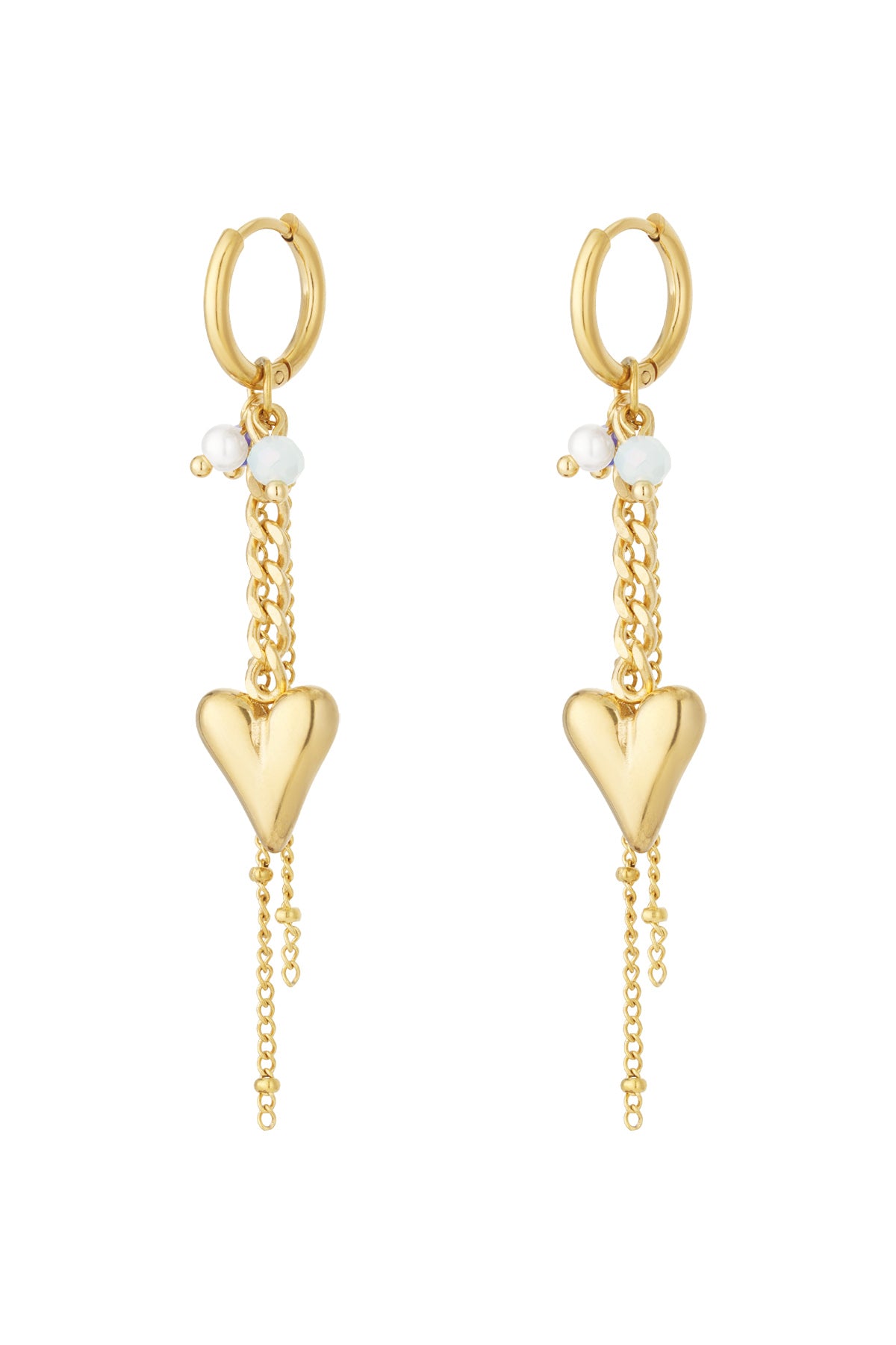 Pair of gold-tone hoop earrings with hanging heart pendants and small pearl and blue beads on a white background