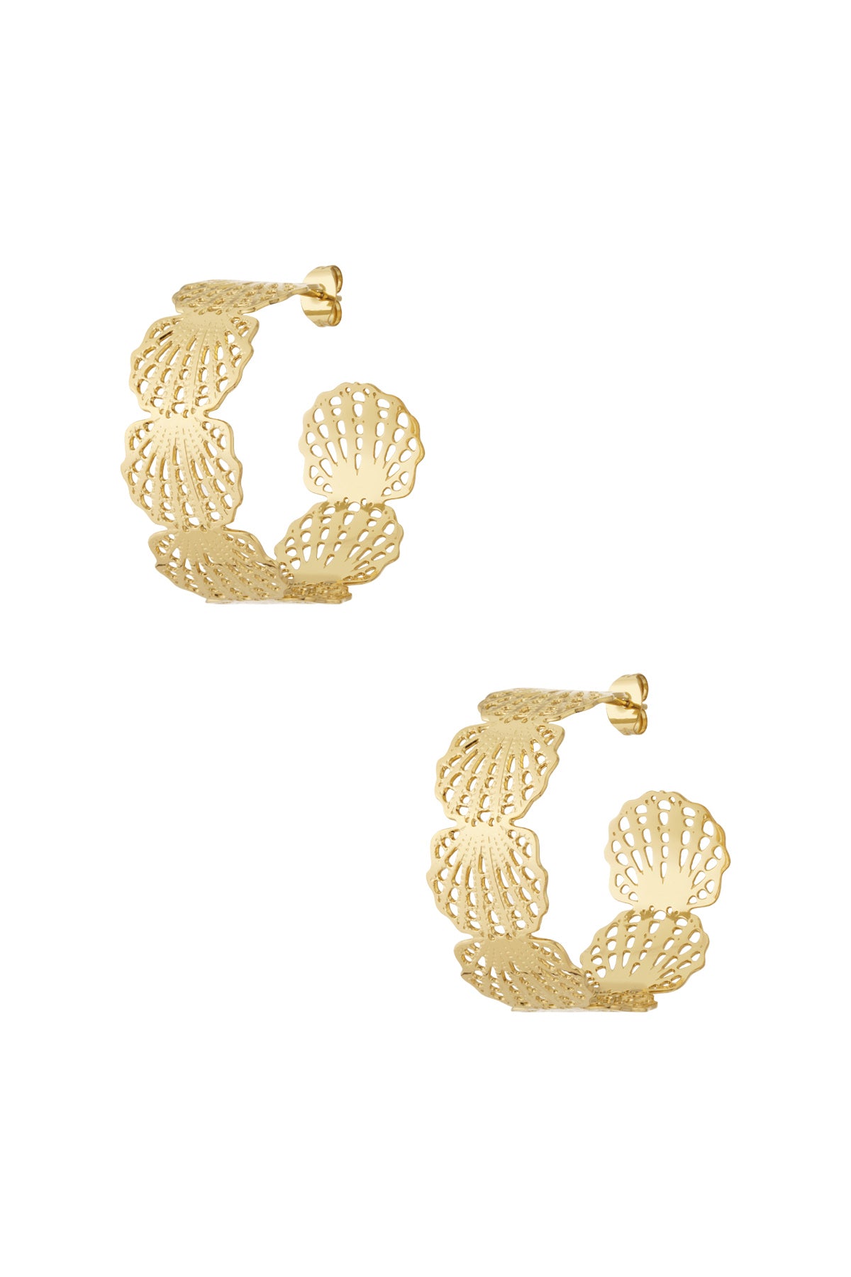 Gold-tone openwork seashell design hoop earrings isolated on white background