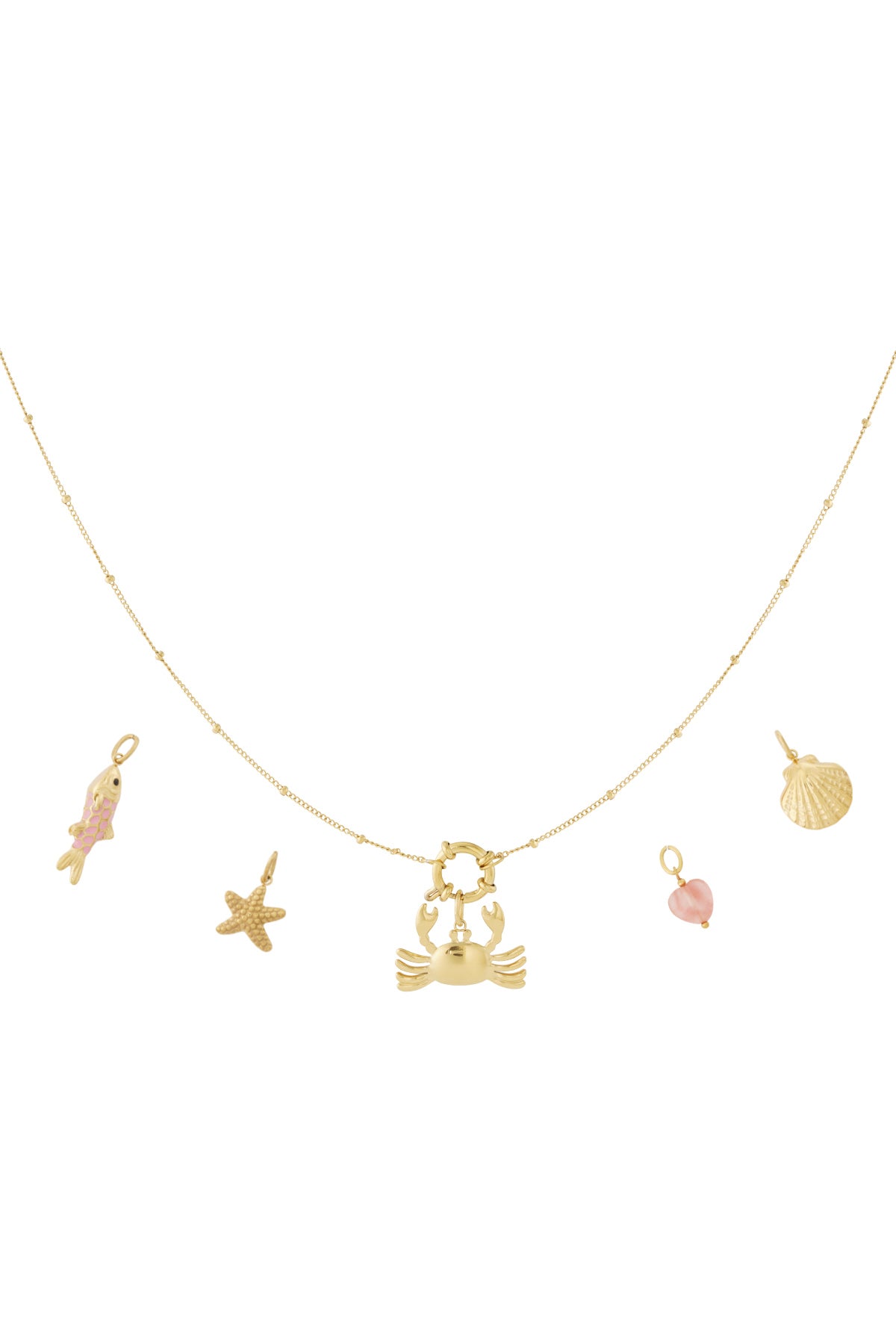Gold-tone charm necklace with crab pendant and additional charms of fish, starfish, heart, and seashell displayed separately