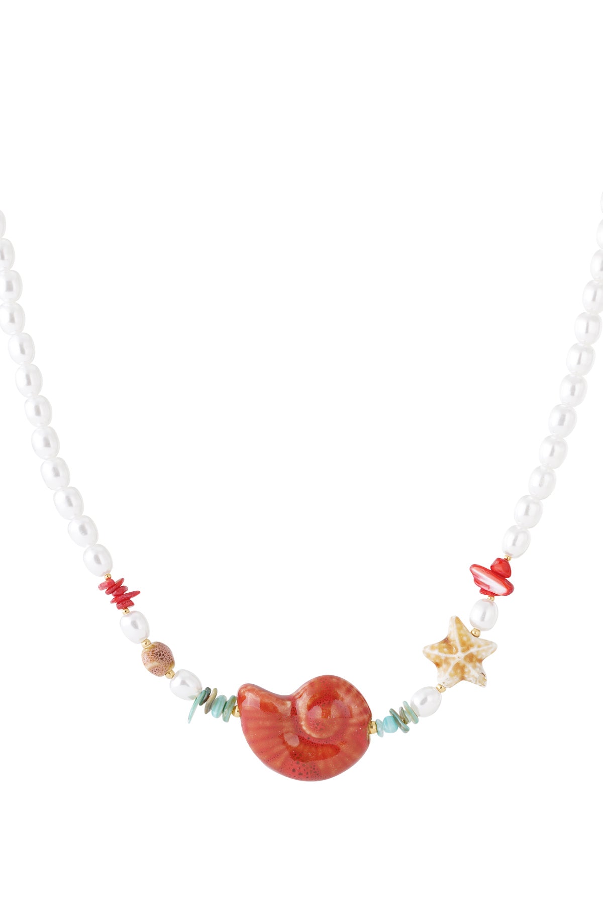 Close-up of a seashell pearl beaded necklace featuring white imitation pearls, red coral beads, turquoise accents, a red seashell centerpiece, and starfish bead on white background