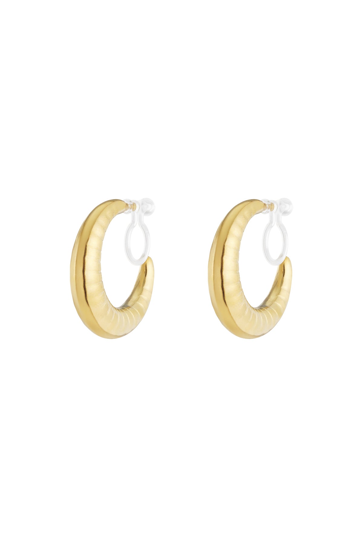 Pair of chunky gold clip-on hoop earrings with a smooth ripple texture on white background