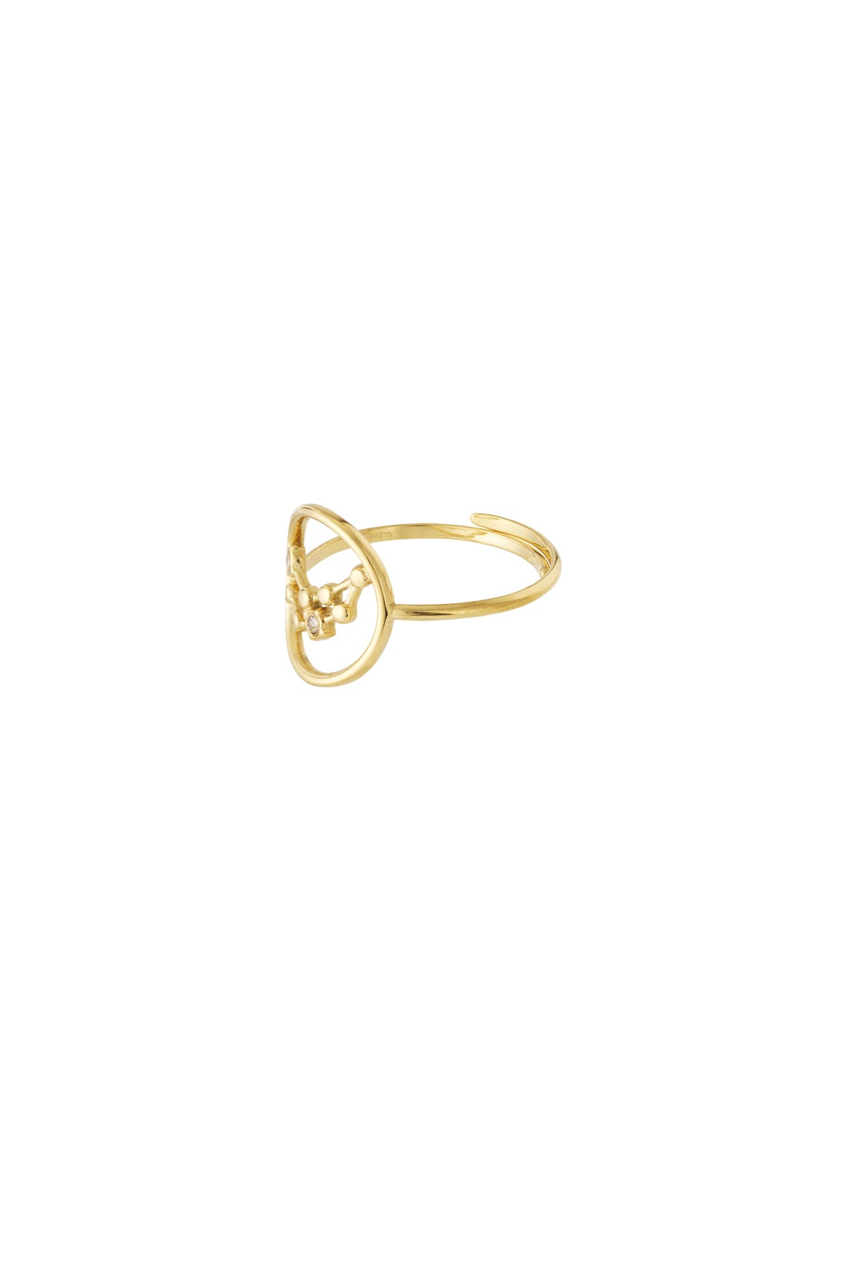 Side angled view of gold constellation ring showing open adjustable band