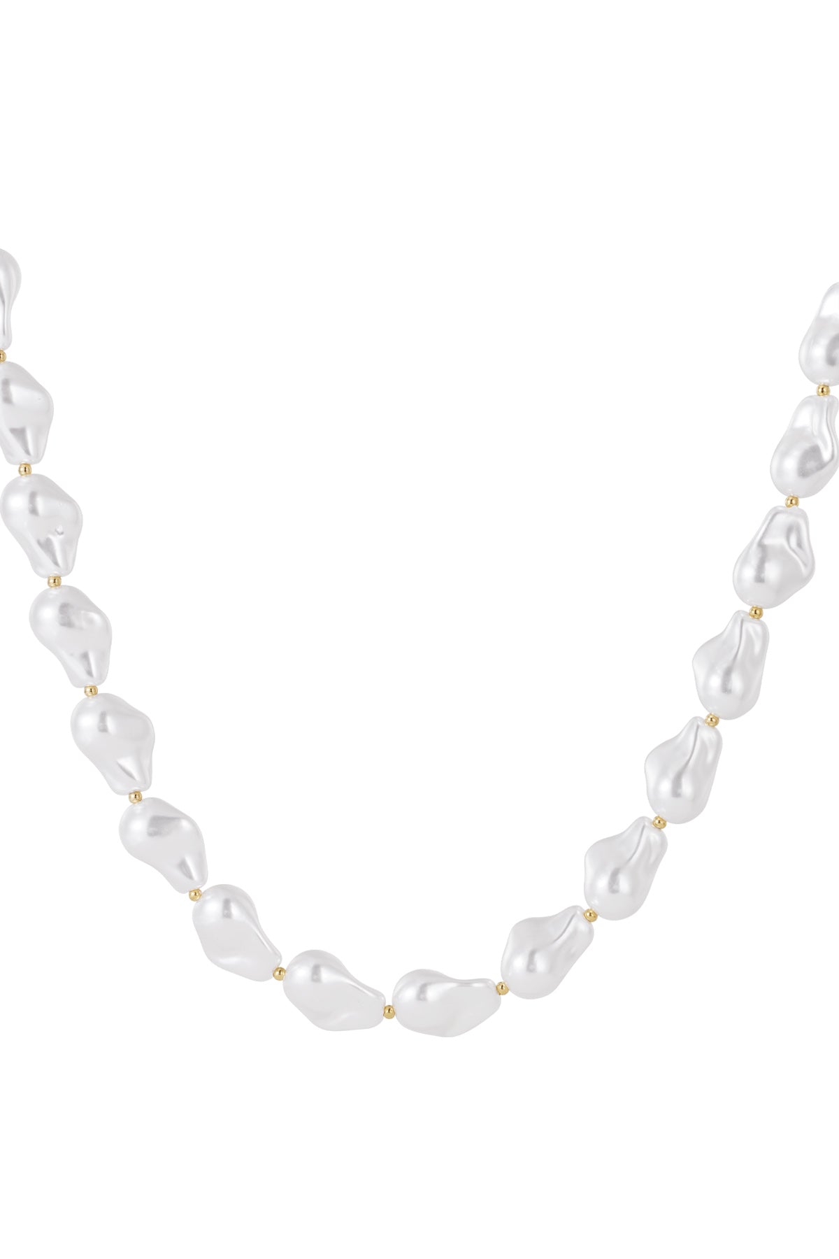 Baroque imitation pearl necklace with white irregular shaped pearls and tiny gold beads, displayed on a white background