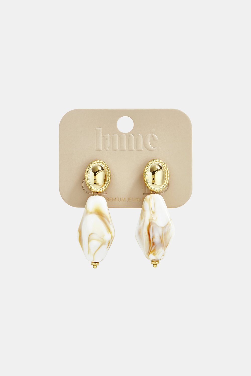 Main Character Marble Drops: Gold oval studs with white and tan marbled, diamond-shaped acrylic drop pendants.