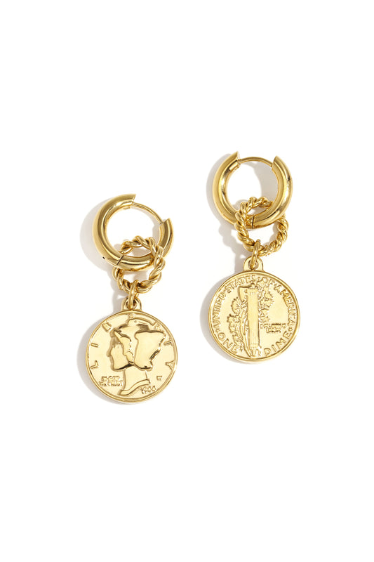 Pair of gold vintage coin hoop earrings with twisted ring detail isolated on white background