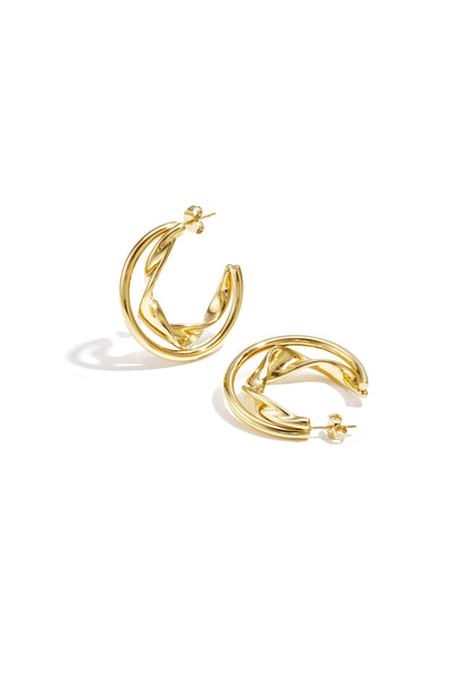 Gold twisted double hoop earrings displayed on white background