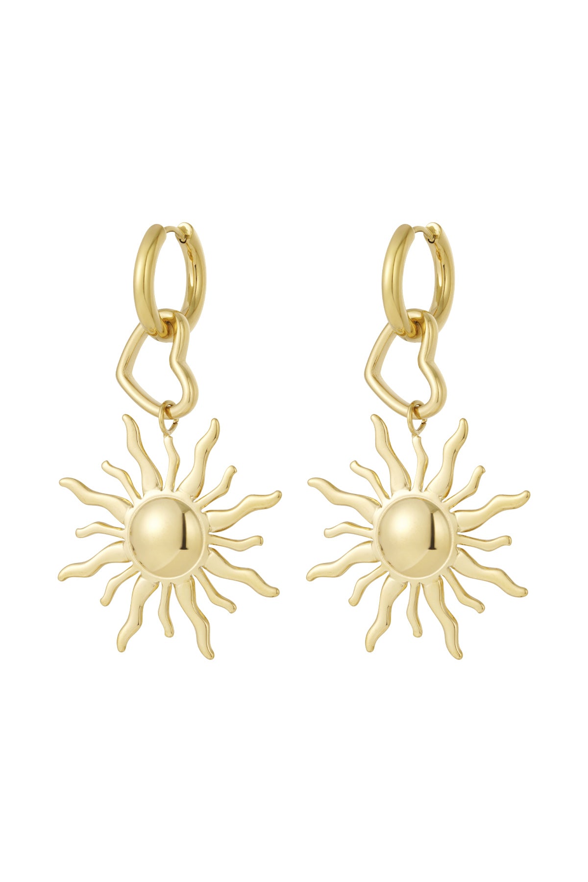 Pair of gold tone drop earrings with sun-shaped pendants and heart-shaped links attached to small gold hoops