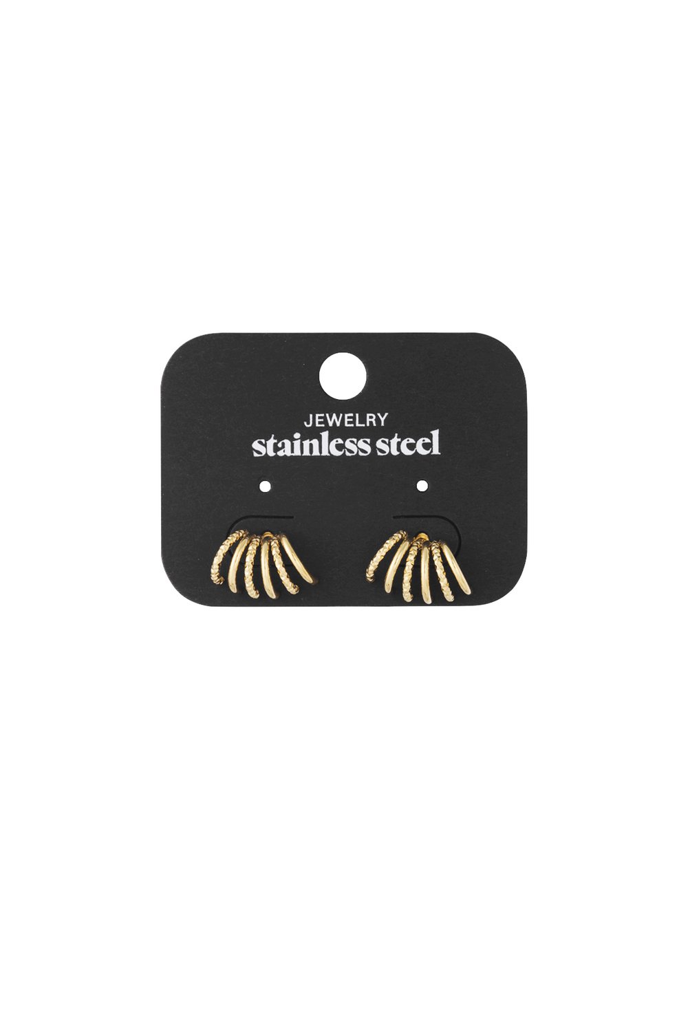 Fan Club Swirls: Pair of gold-tone stainless steel multi-hoop earrings with a textured, fanned swirl design.