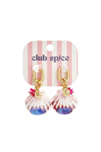 Gold hoop drop earrings with pink and blue hand-painted seashell charms displayed on a pink and white striped Club Spice branded card