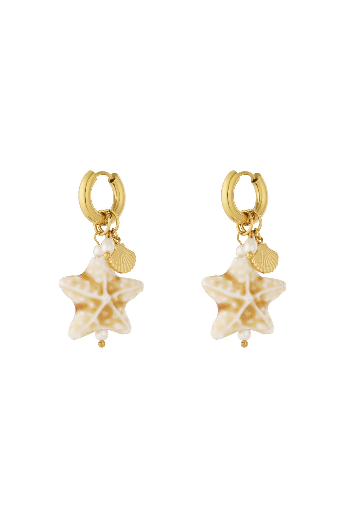 Pair of gold-tone hoop earrings with cream and tan starfish resin charms, small golden shell, and pearl accents on white background