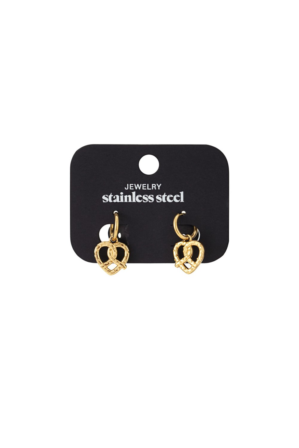 Gold stainless steel hoop earrings featuring textured, pretzel-shaped heart charms on a black display card.