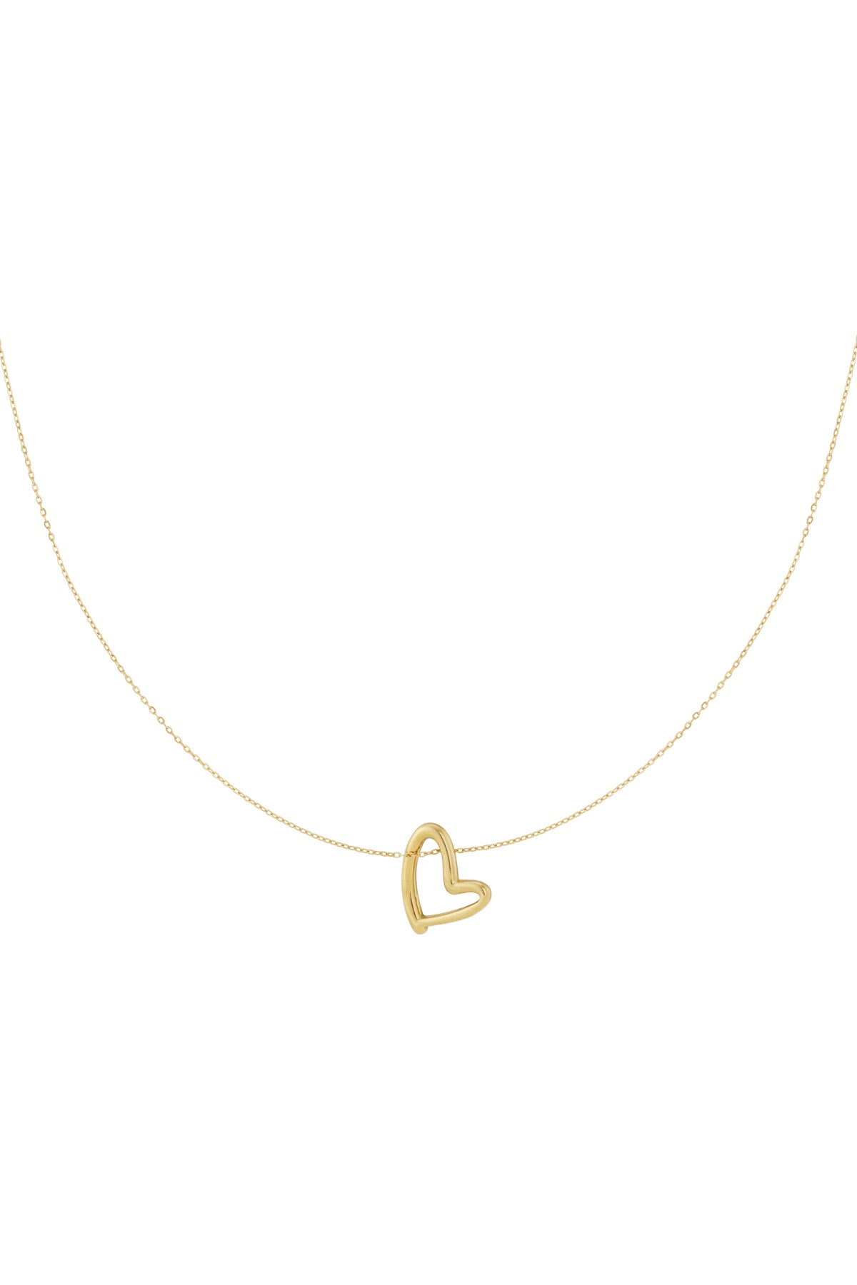Gold minimalist heart pendant necklace on delicate chain displayed on white background