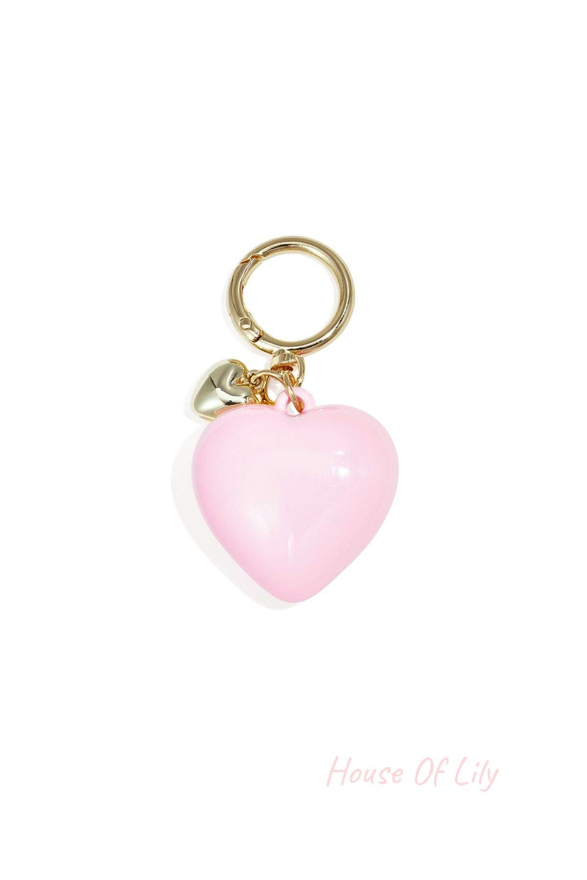 Glossy soft pink heart-shaped acrylic bag charm with gold alloy ring and tiny heart charm