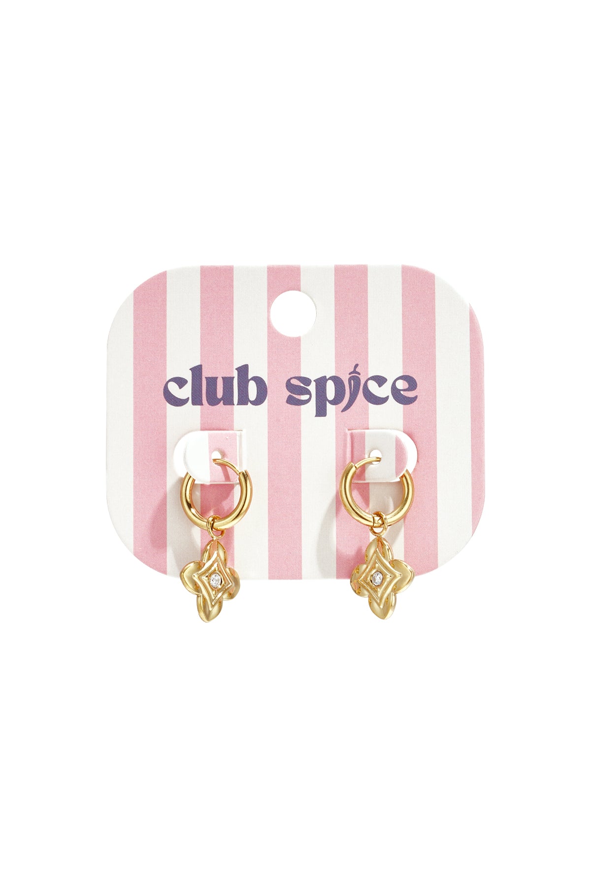 Gold floral drop earrings displayed on pink and white striped Club Spice branded card
