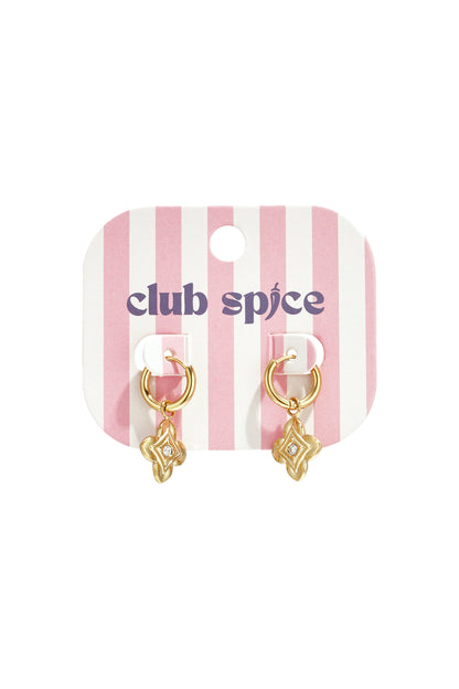 Gold floral drop earrings displayed on pink and white striped Club Spice branded card