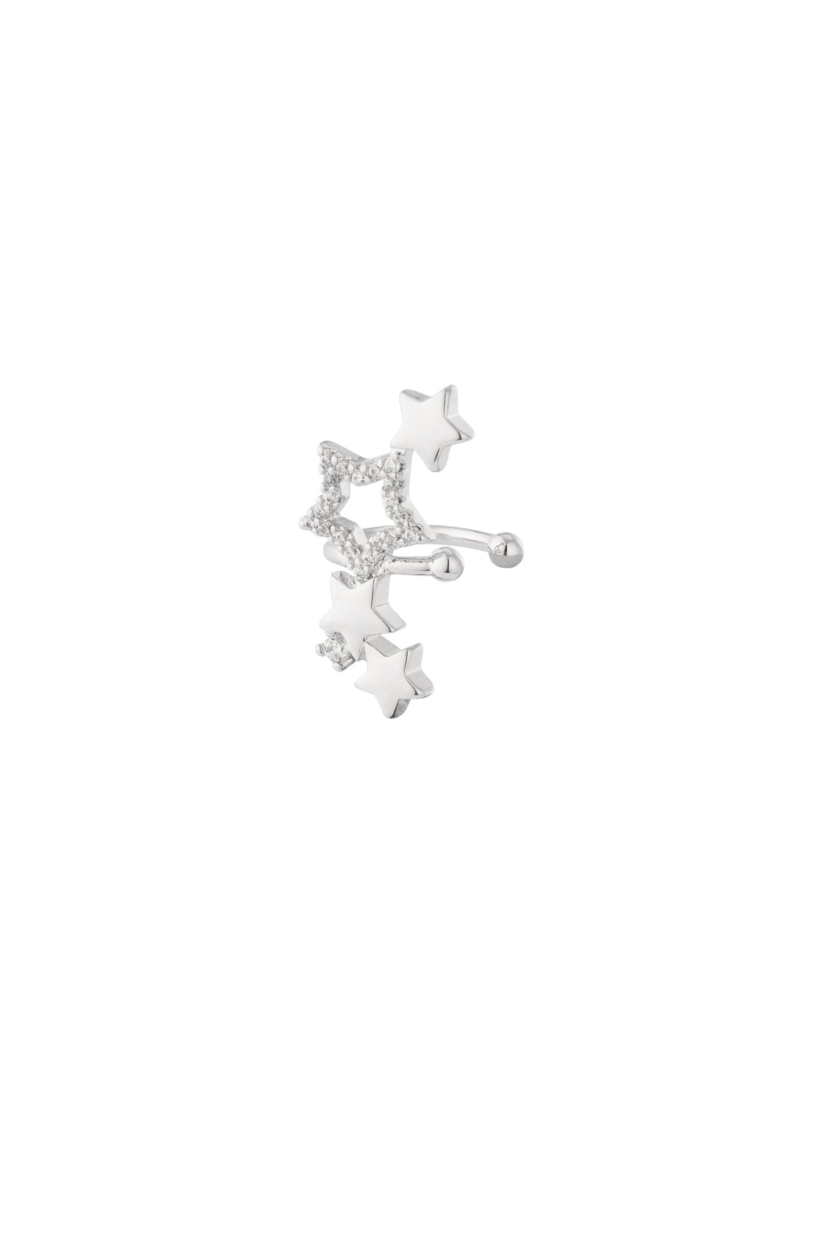 Silver star-shaped ear cuff with zircon crystals on white background