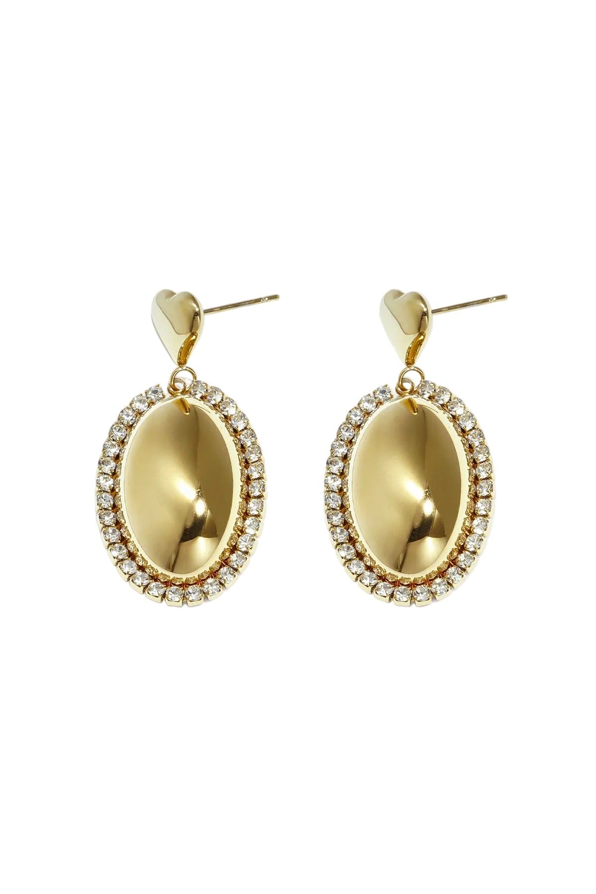 Pair of elegant gold drop earrings with oval pendants surrounded by rhinestones and heart-shaped studs