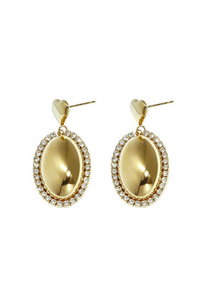 Pair of elegant gold drop earrings with oval pendants surrounded by rhinestones and heart-shaped studs
