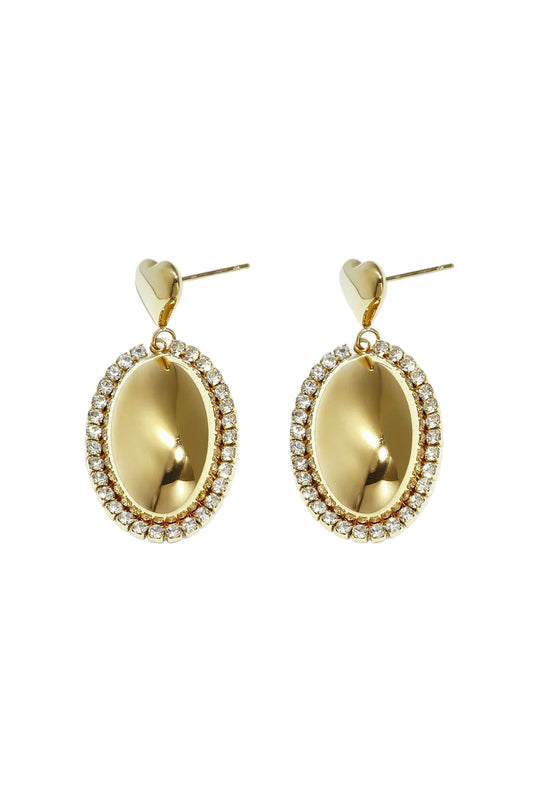 Pair of elegant gold drop earrings with oval pendants surrounded by rhinestones and heart-shaped studs