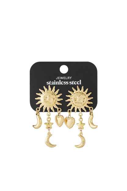 Gold Stargirl Charm Drop earrings in stainless steel featuring sun faces with dangling moon, star, and heart charms.