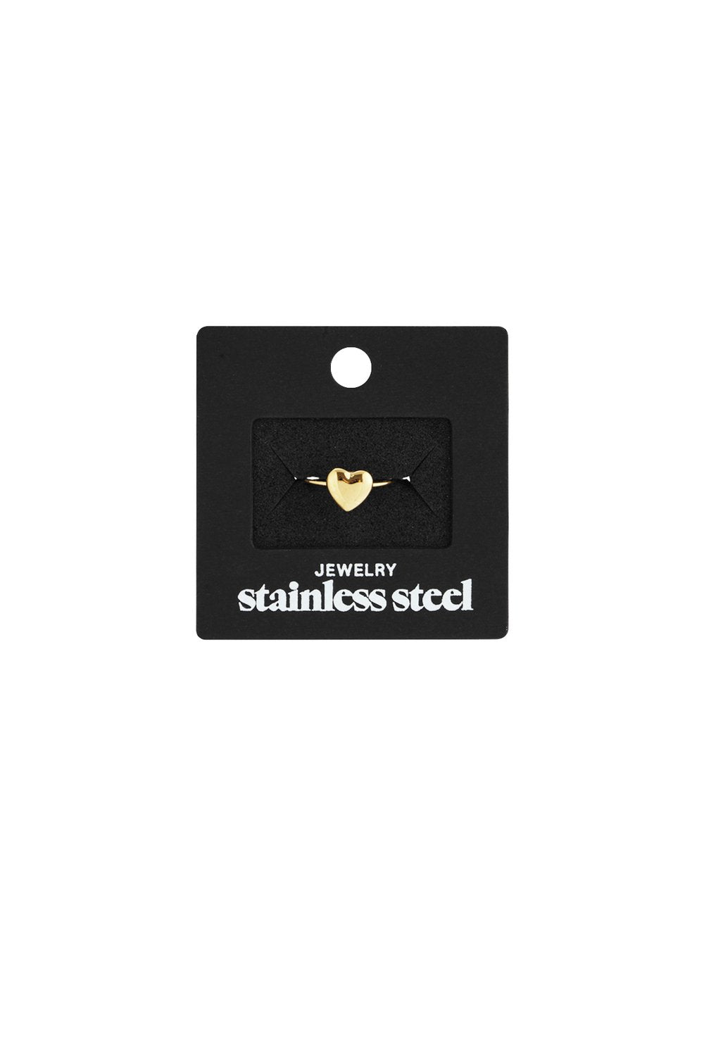 Little Heart Crush gold-tone stainless steel heart ring on a black display card.