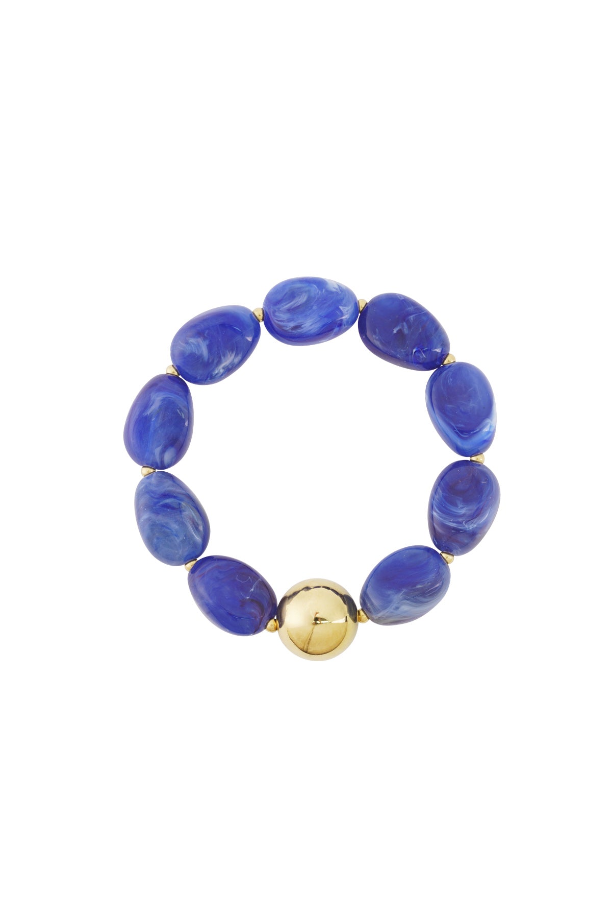 Blue marbled acrylic beaded bracelet with central polished gold-tone bead on white background