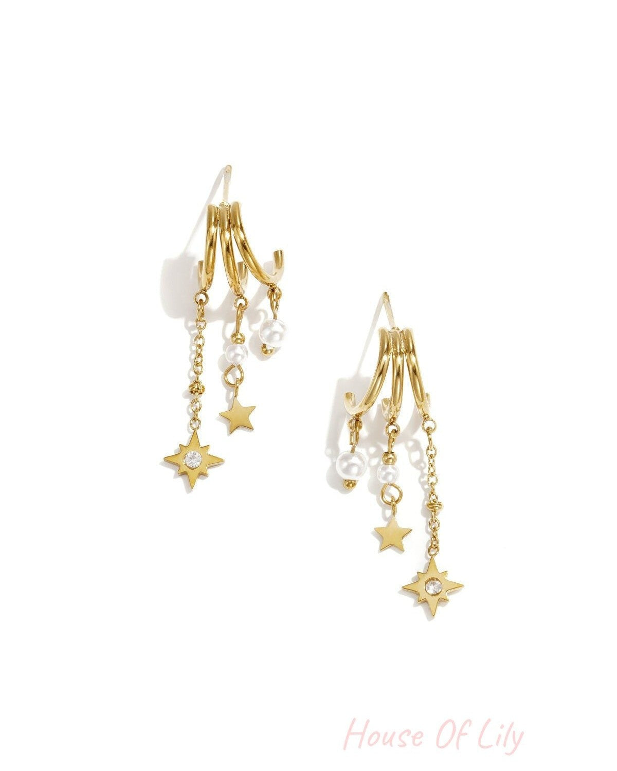 Luxurious Star Drop Earrings for Women, Silver & Gold