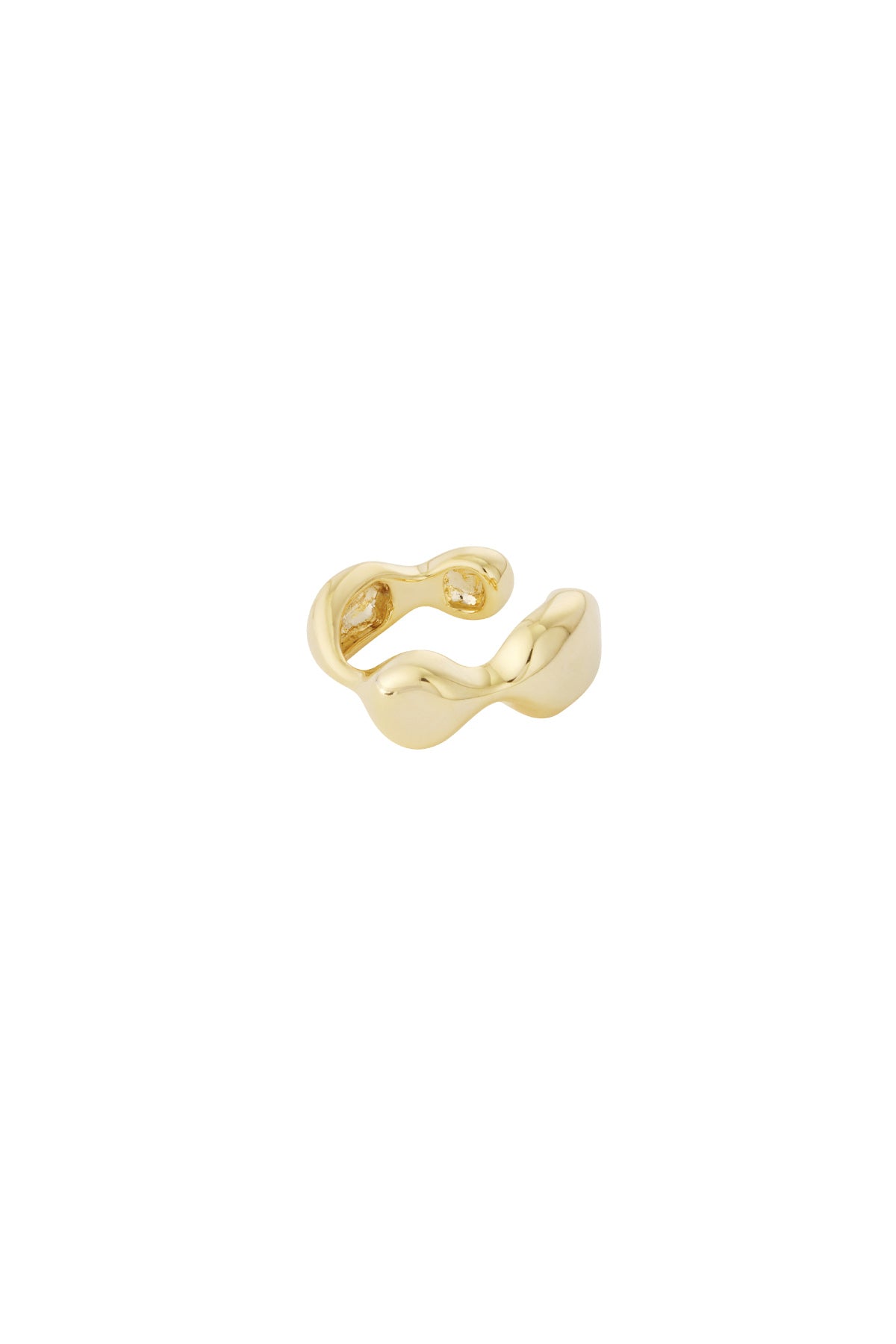 Close-up of shiny gold wavy ear cuff with smooth curvy design on white background
