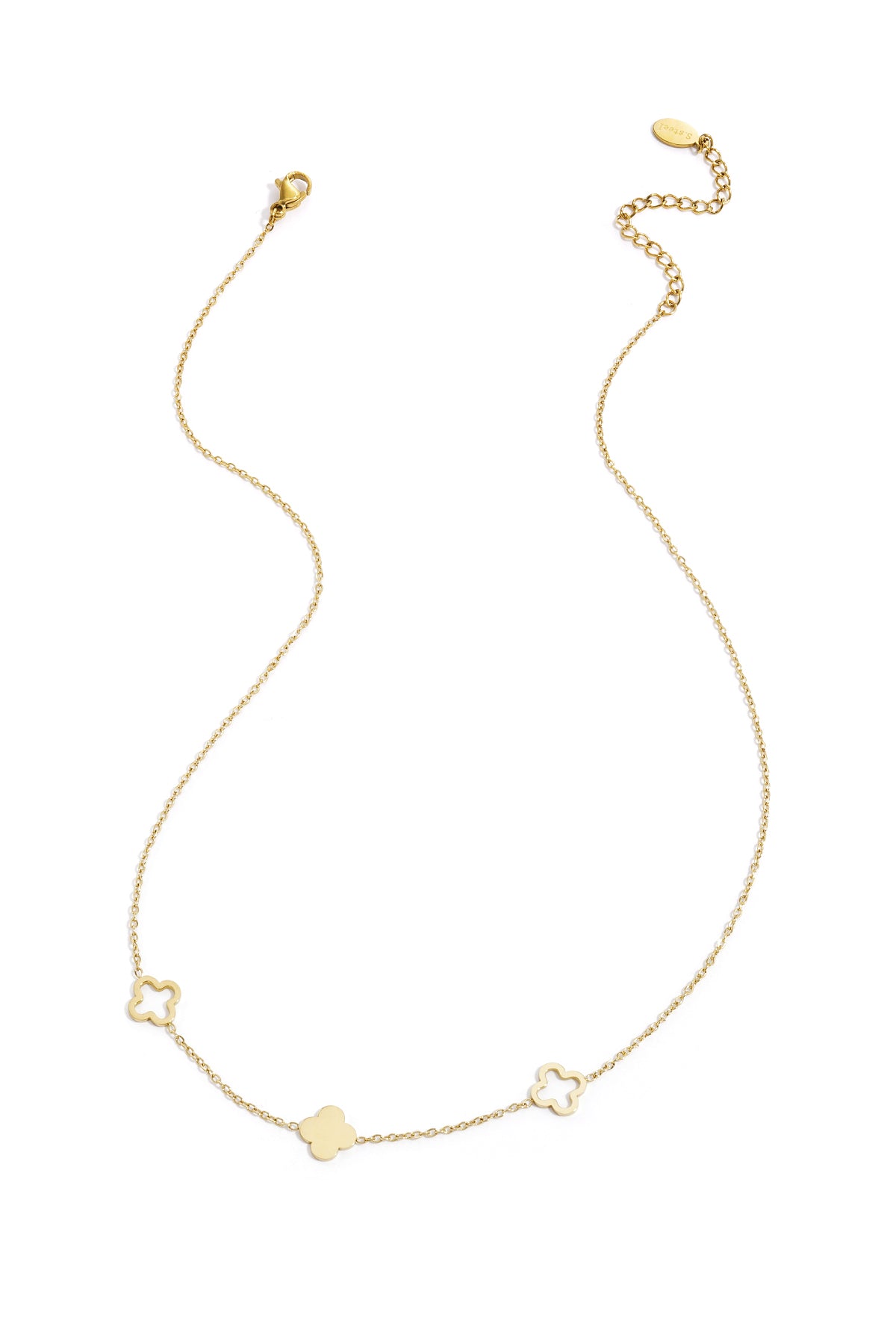 Gold-tone delicate necklace with three clover charms laid flat on white background