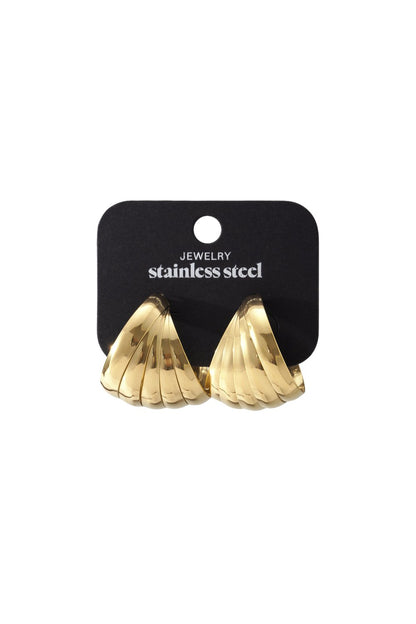 Dopamine Drip Gold Hoops: Shiny, gold-toned stainless steel earrings featuring a tiered, fan-like sculptural design.