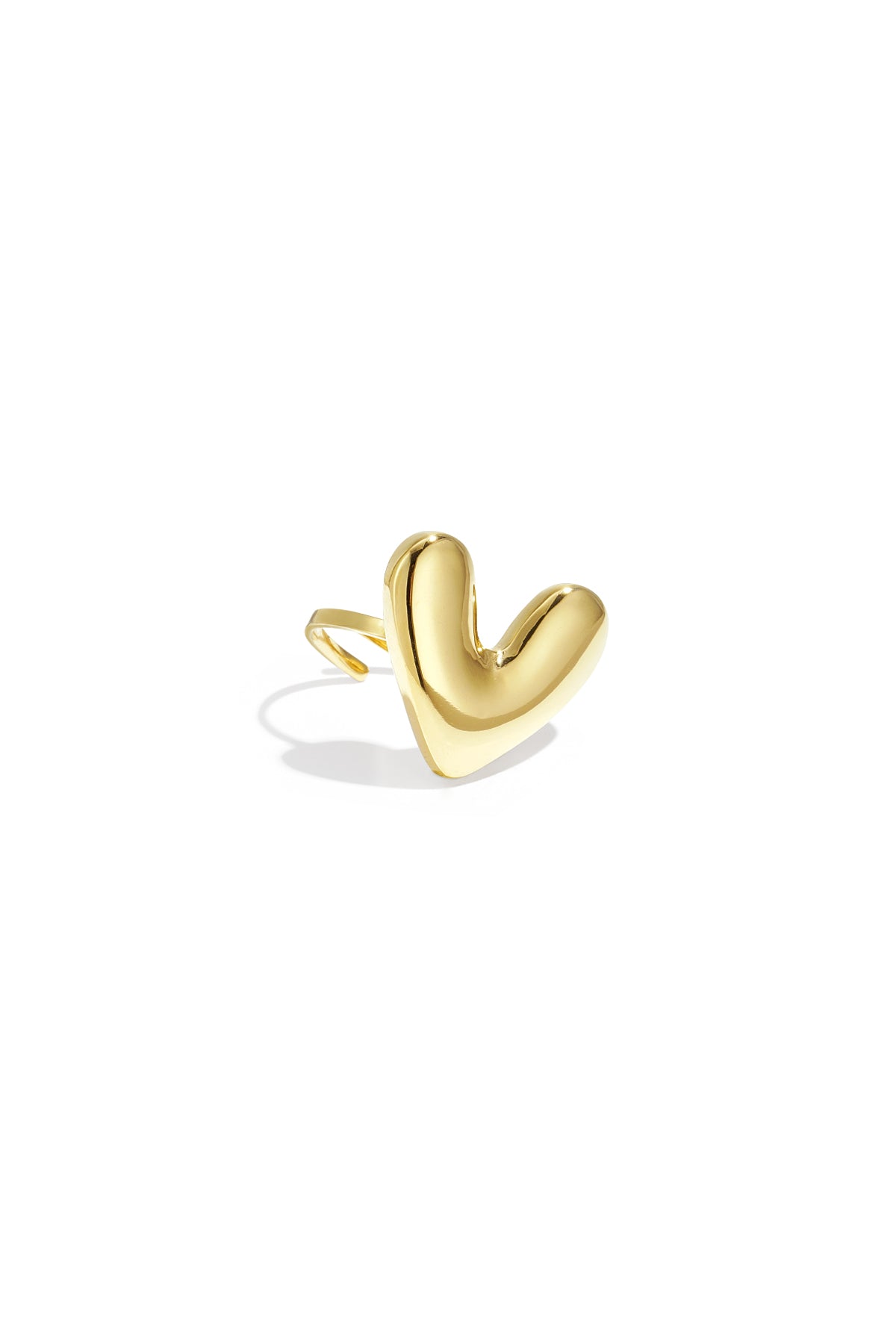 Gold chubby heart-shaped statement ring with smooth curved design on white background