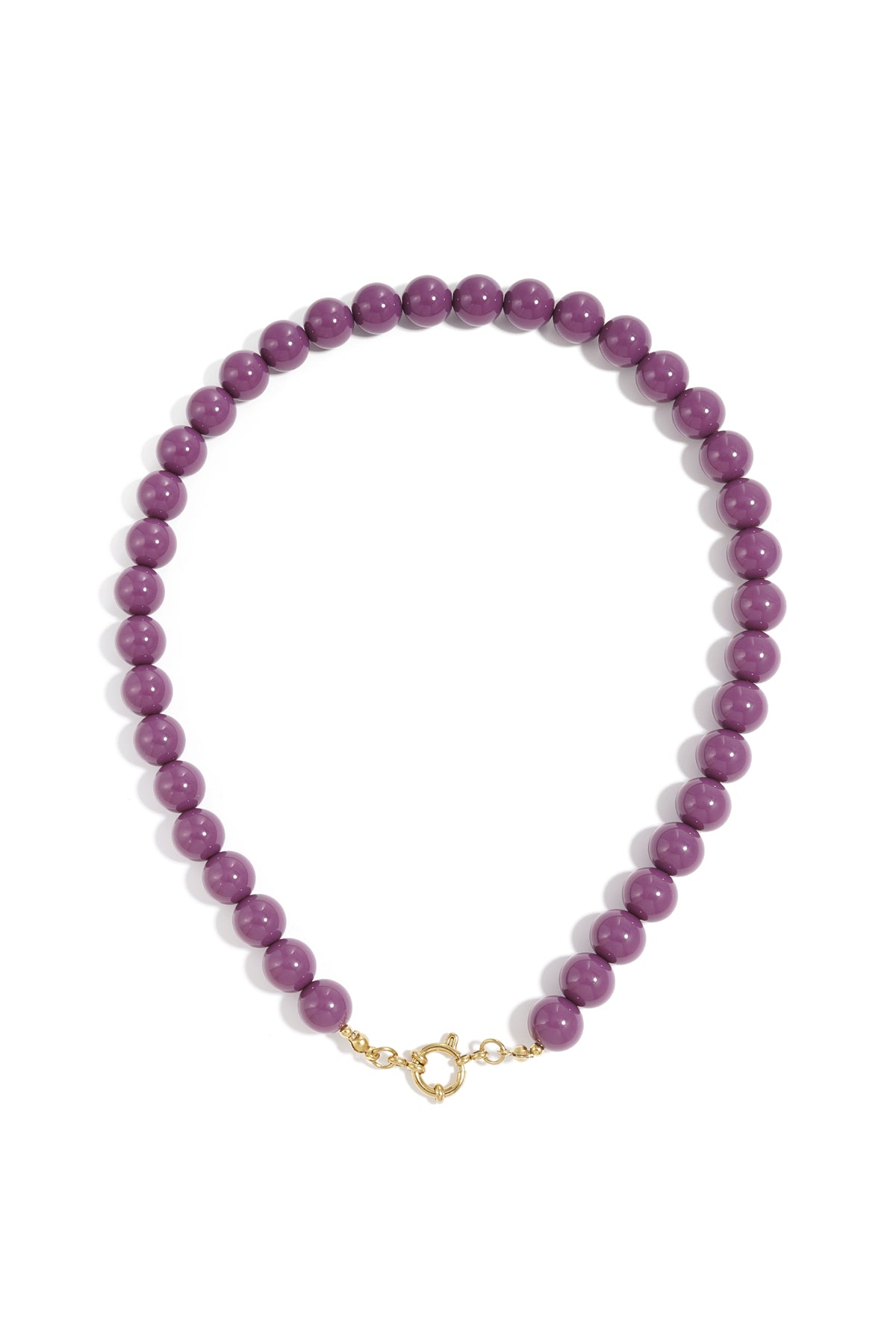 Short purple resin bead necklace with a gold-tone circular clasp, isolated on a white background.