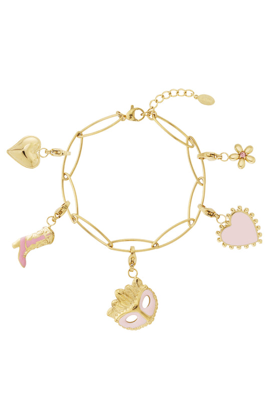 Top view of the gold charm bracelet with all five charms evenly spaced around the chain
