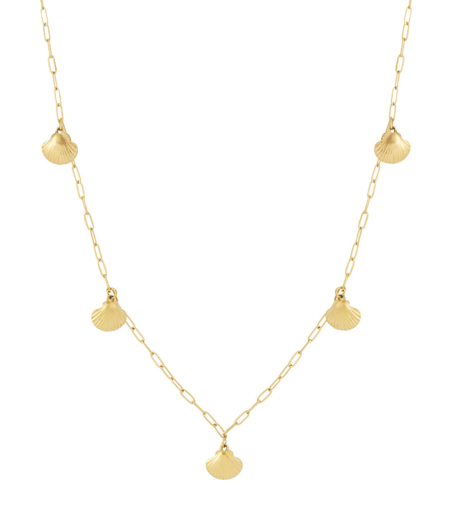 Gold-tone long necklace featuring delicate shell-shaped charms on a chain