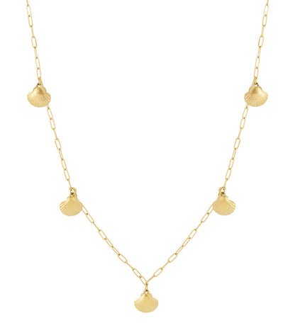 Gold-tone long necklace featuring delicate shell-shaped charms on a chain