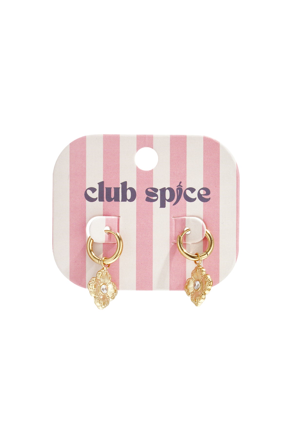 Gold clover charm drop earrings displayed on pink and white striped Club Spice branded card