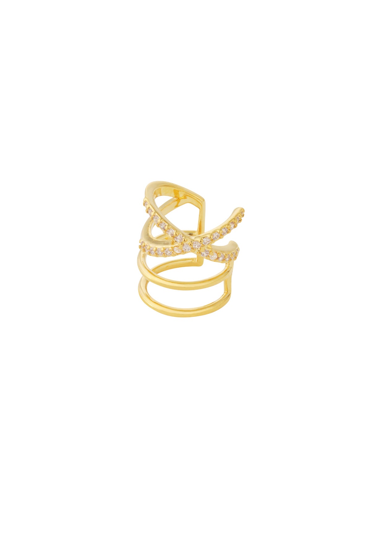 Close-up of a gold-tone crystal-encrusted crisscross ear cuff on white background