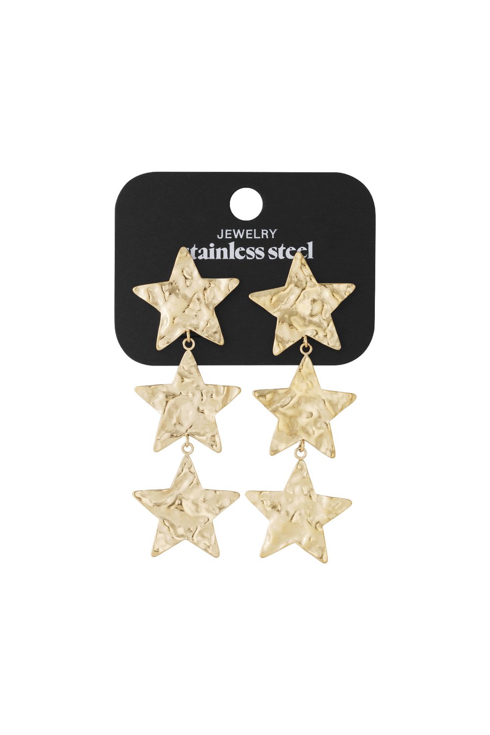 Gold-toned stainless steel drop earrings featuring three graduated, hammered-texture star charms in a vertical row.