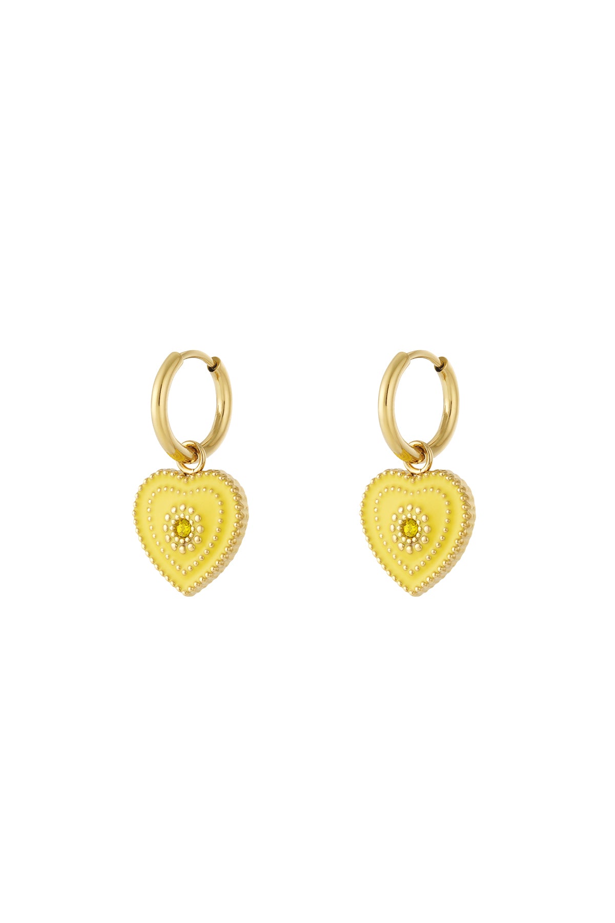 Pair of gold-tone hoop earrings with yellow heart-shaped enamel charms detailed with small central gemstones and beaded edges