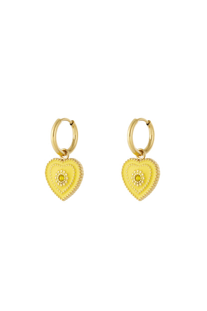 Pair of gold-tone hoop earrings with yellow heart-shaped enamel charms detailed with small central gemstones and beaded edges